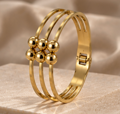 Gold-Tone Multi-Strand Beaded Cuff Bracelet – Elegant Statement Bangle