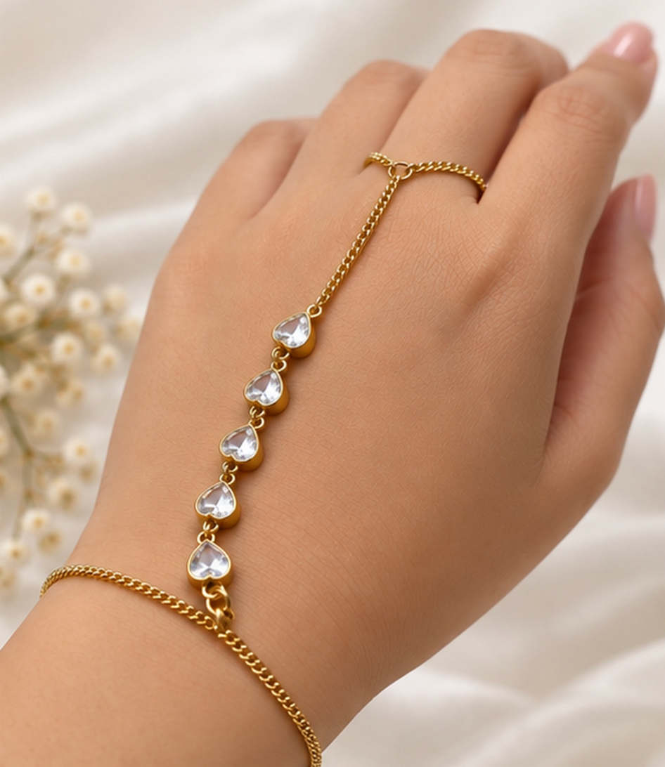 Gold-Tone Crystal Hand Chain Bracelet – Elegant Heart Link Haath Phool