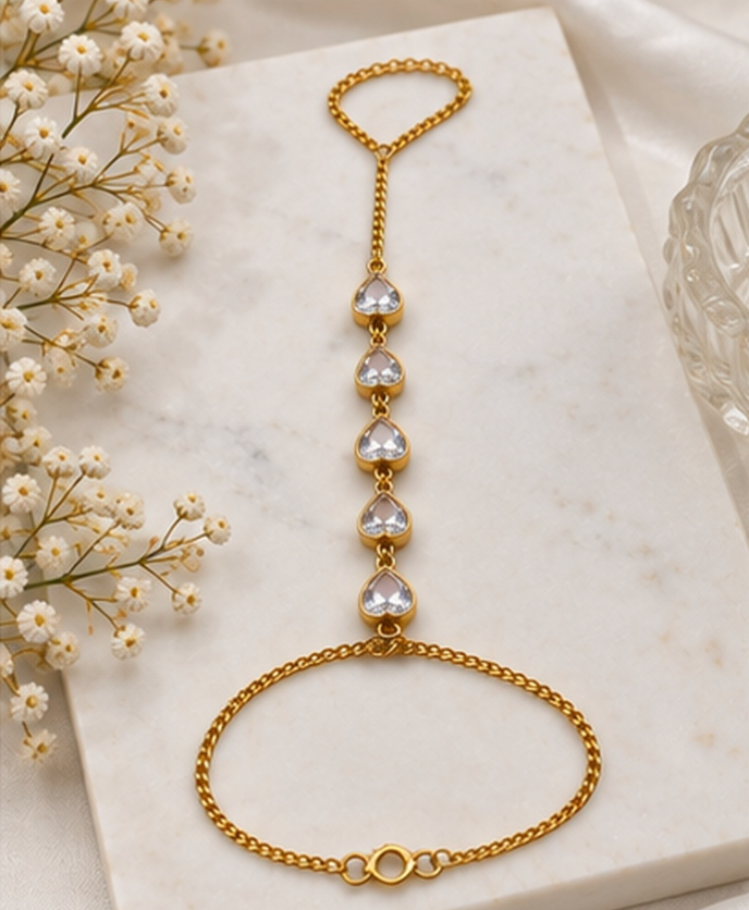 Gold-Tone Crystal Hand Chain Bracelet – Elegant Heart Link Haath Phool