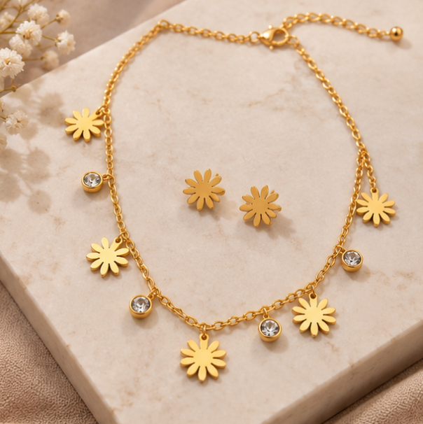 Gold-Tone Daisy Crystal Necklace – Elegant Floral Statement Necklace