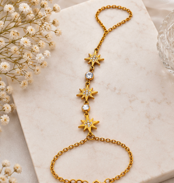 Gold-Tone Starburst Crystal Hand Chain – Celestial Haath Phool