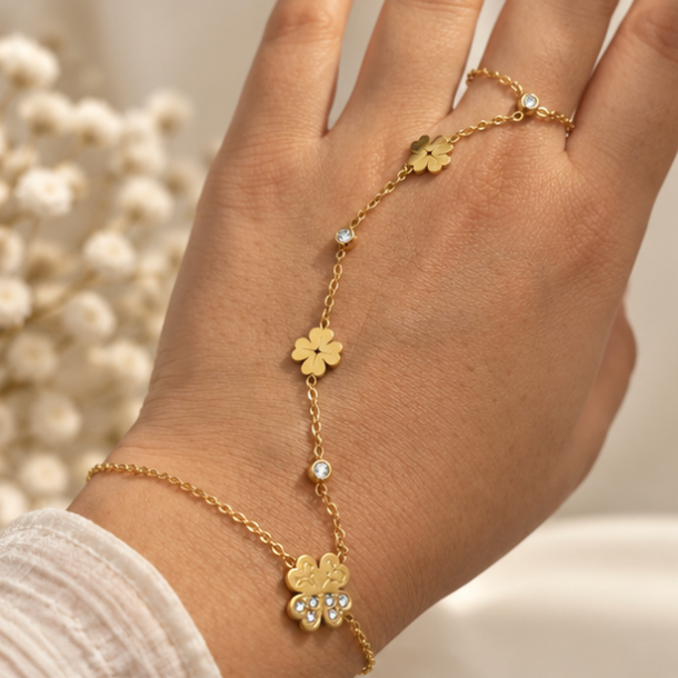 Gold-Tone Floral Crystal Hand Chain – Elegant Flower Haath Phool