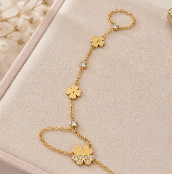 Gold-Tone Floral Crystal Hand Chain – Elegant Flower Haath Phool