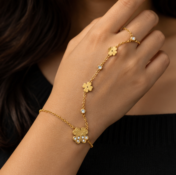 Gold-Tone Floral Crystal Hand Chain – Elegant Flower Haath Phool
