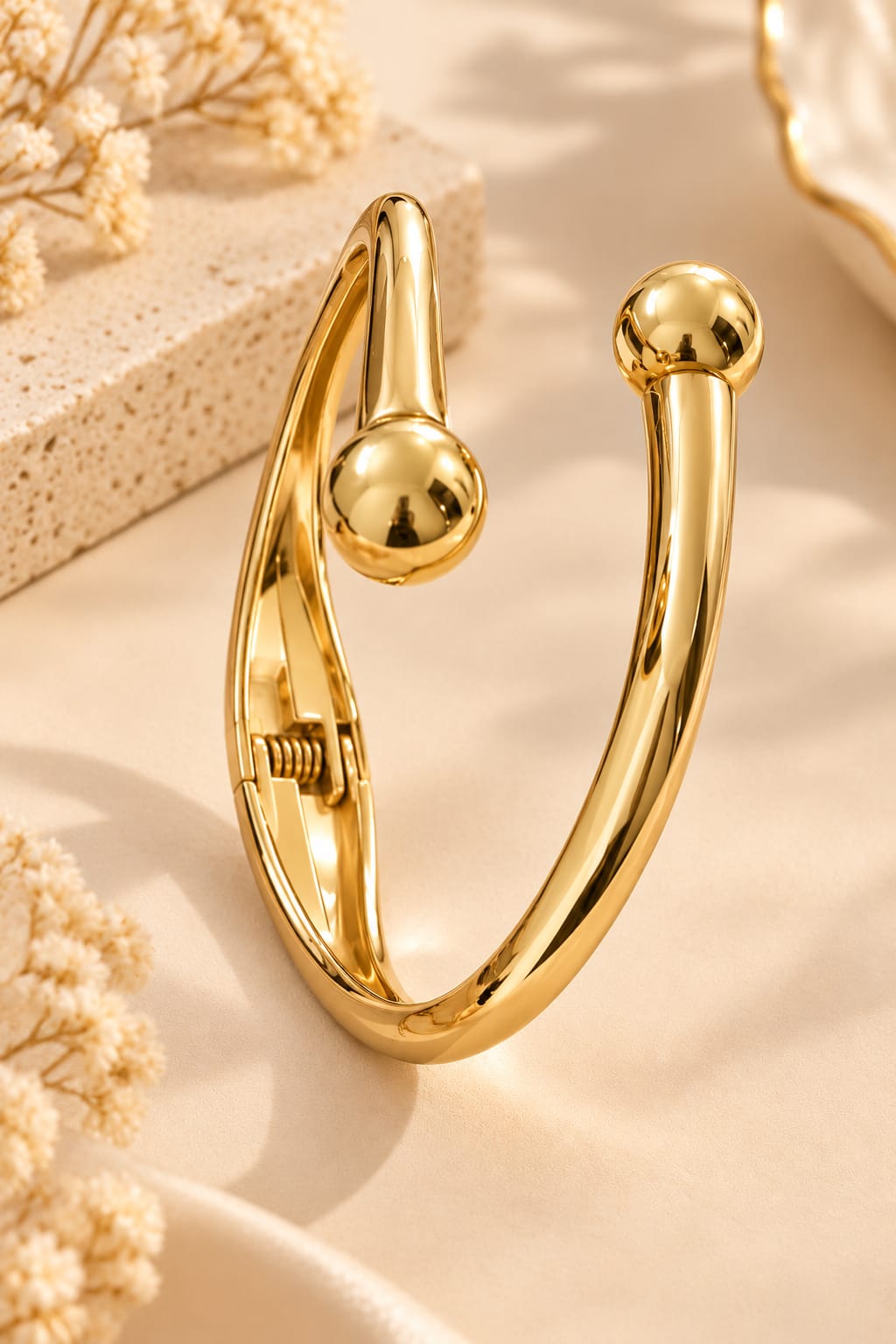 ZEBIA Gold-Tone Ball End Open Cuff Bracelet for Women | Minimalist Statement Bangle | Elegant Modern Jewellery