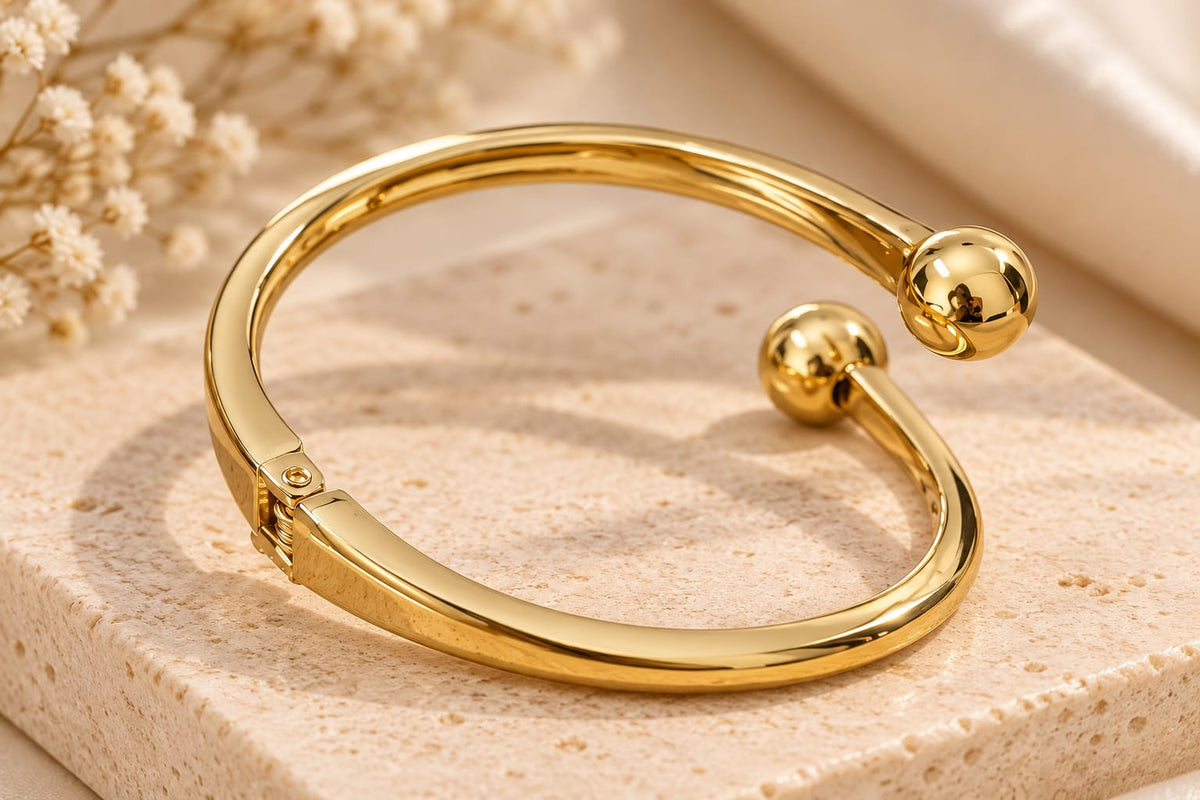 ZEBIA Gold-Tone Ball End Open Cuff Bracelet for Women | Minimalist Statement Bangle | Elegant Modern Jewellery