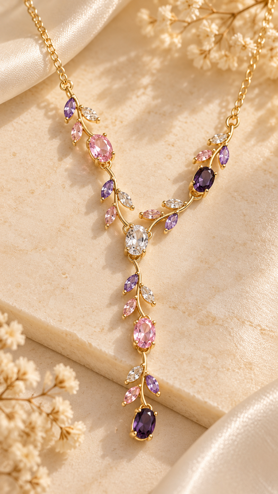 ZEBIA Multicolour Crystal Tulip Necklace – Gold-Tone Floral Statement Neckpiece