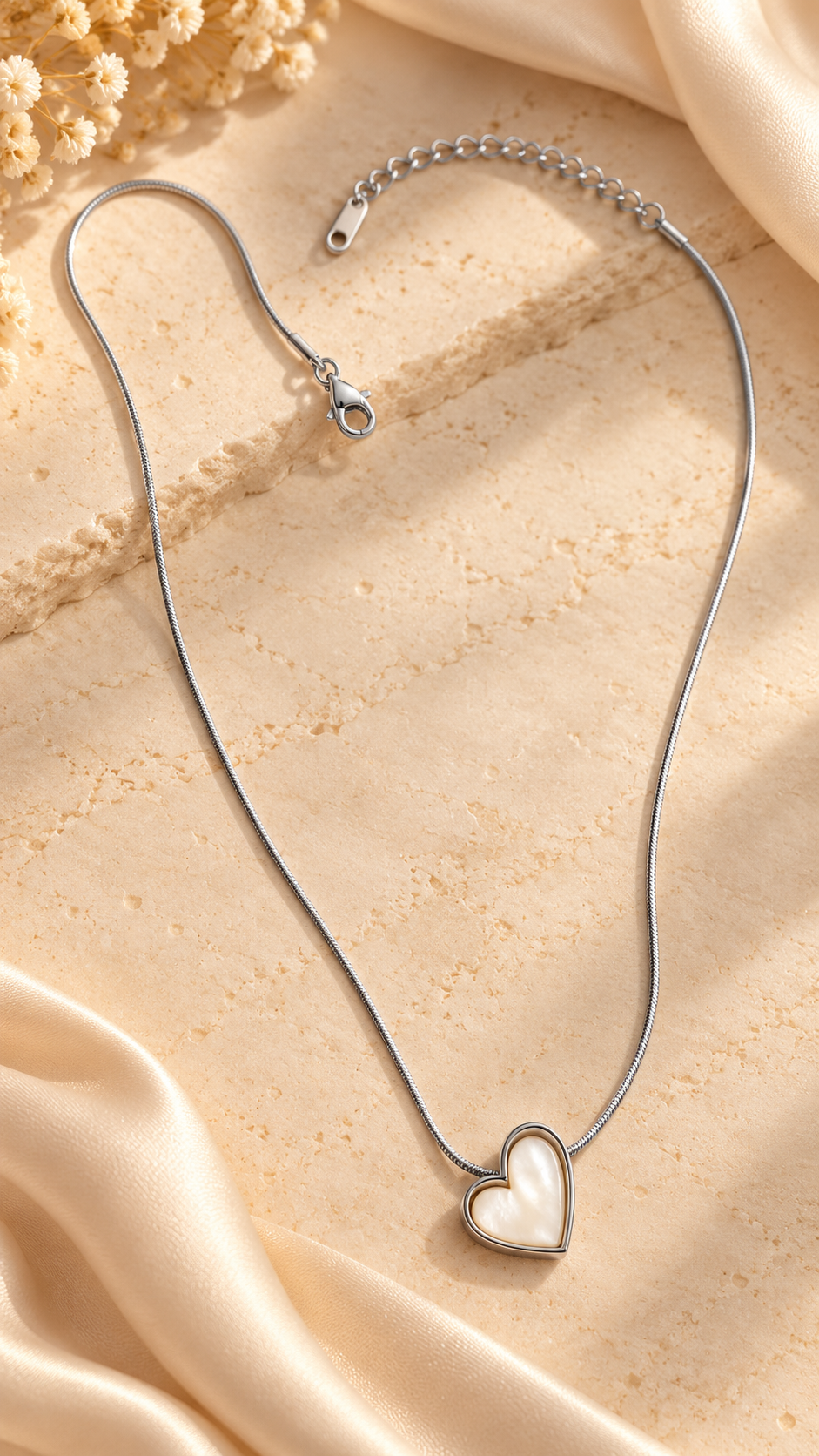 ZEBIA Silver-Tone Heart Pendant Necklace | Stainless Steel White Heart Jewellery