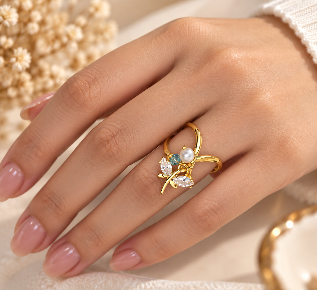 ZEBIA Gold-Plated Floral Crystal Ring for Women – Anti-Tarnish Statement Ring