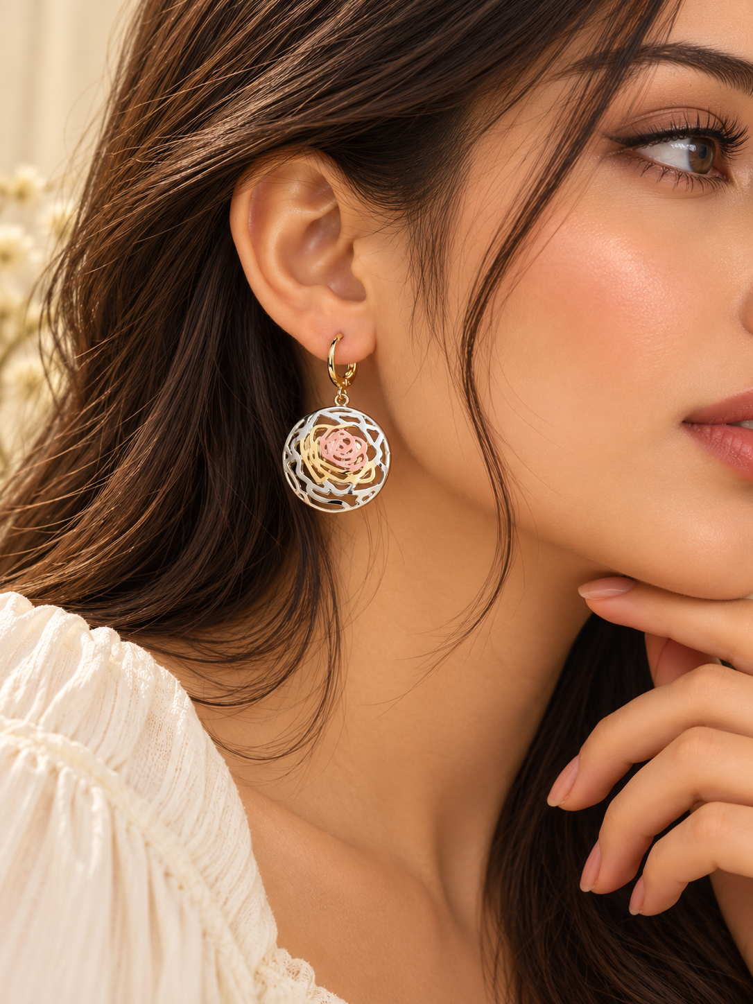 ZEBIA 3-Tone Gold-Plated Anti-Tarnish Stainless Steel Rose Flower Drop Earrings for Women