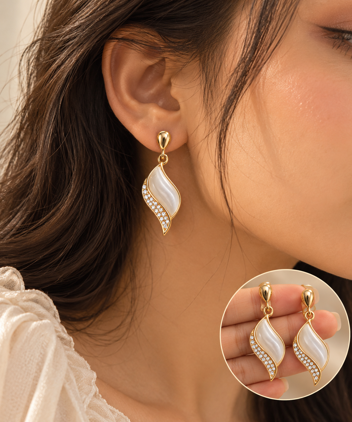 ZEBIA Gold-Tone Ivory Cat Eye Stone Crystal Drop Earrings
