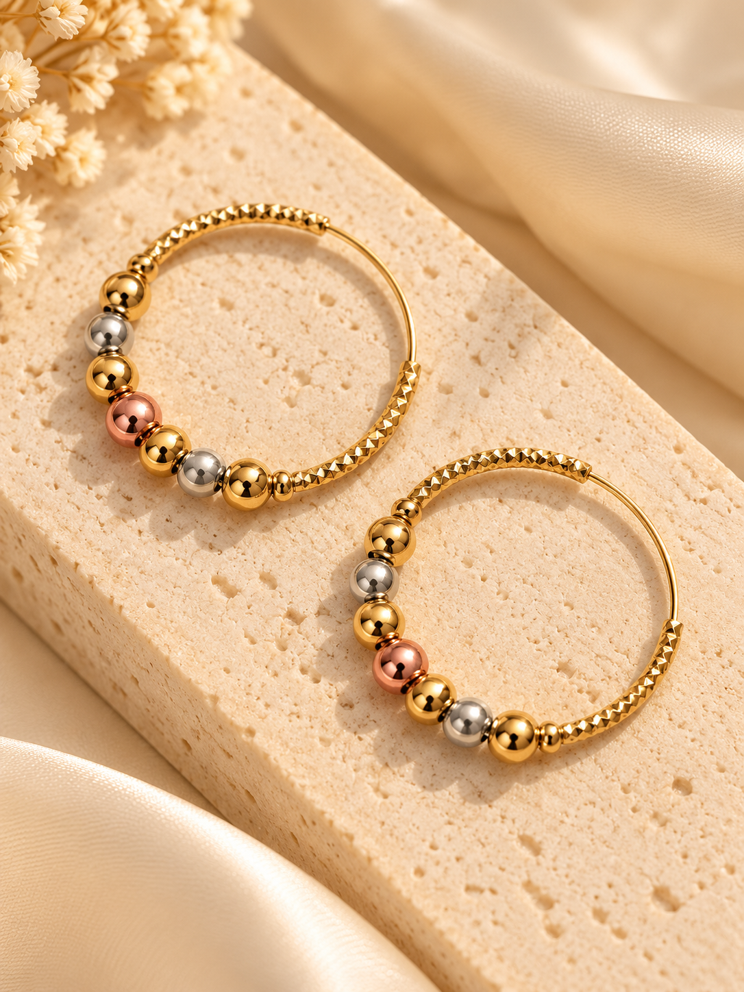 ZEBIA 3-Tone Gold-Plated Anti-Tarnish Stainless Steel Beaded Hoop Earrings for Women