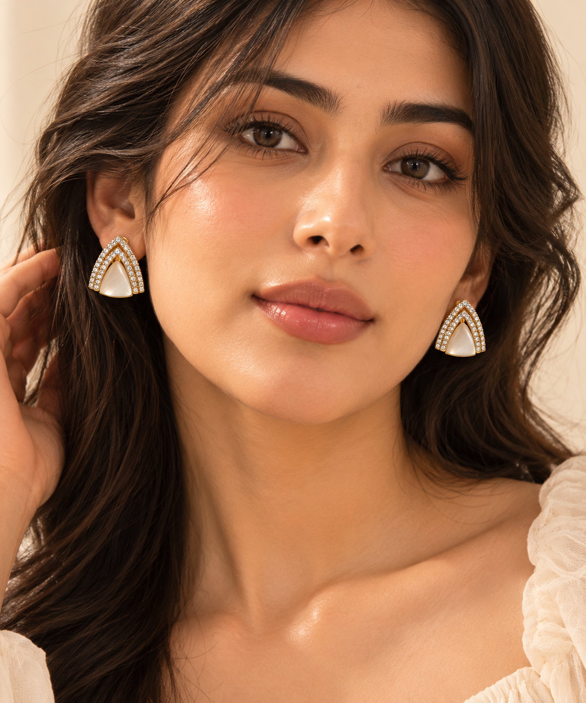 ZEBIA Gold-Tone Crystal Arch Earrings with Cream Triangle Stone