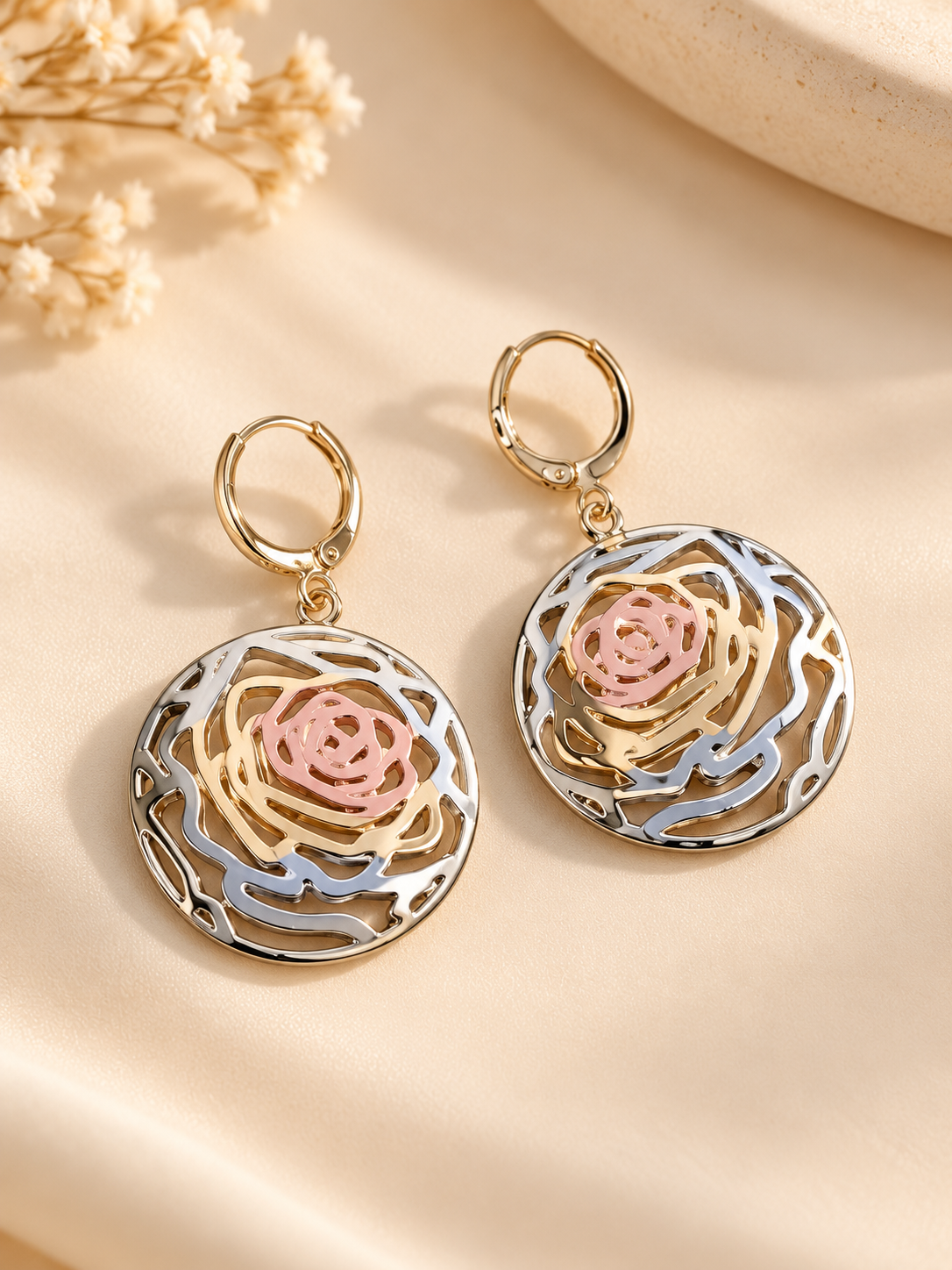 ZEBIA 3-Tone Gold-Plated Anti-Tarnish Stainless Steel Rose Flower Drop Earrings for Women