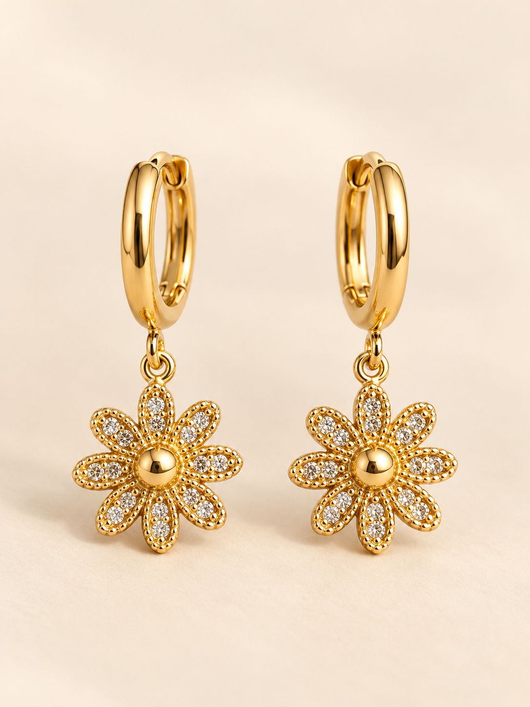 ZEBIA Gold-Plated Floral Hoop Drop Earrings for Women | Sparkling Daisy Flower Earrings