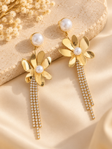 ZEBIA Gold-Plated Anti-Tarnish Stainless Steel Pearl Floral Drop Earrings for Women