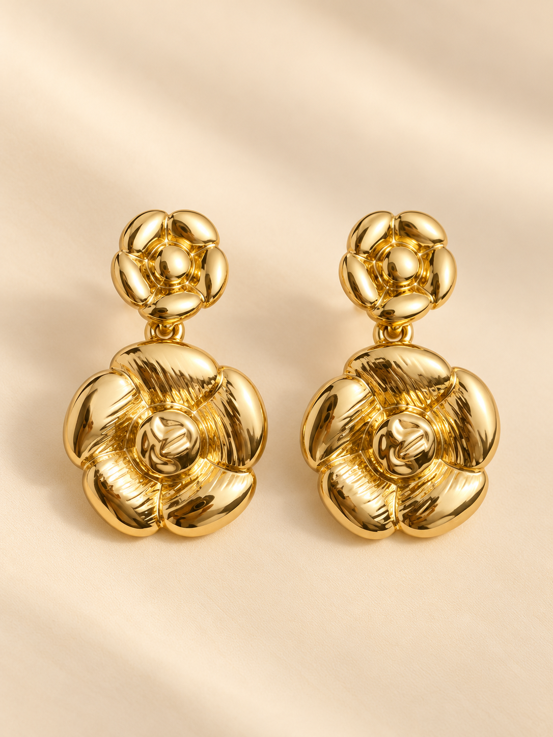 ZEBIA Gold-Plated Anti-Tarnish Floral Statement Drop Earrings for Women | Sculpted Gold Flower Earrings
