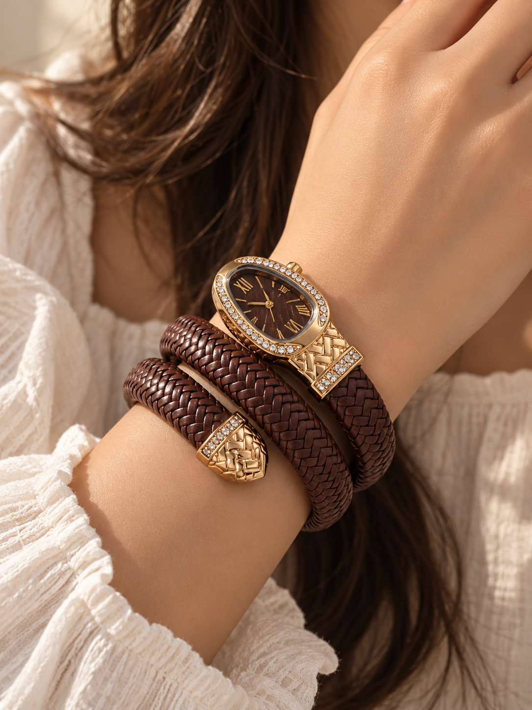 ZEBIA Brown Braided Strap Watch for Women – Gold-Tone Crystal-Embellished Fashion Watch