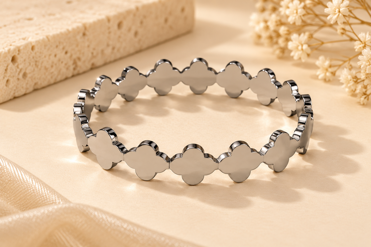 ZEBIA Silver-Tone Black Clover Cuff Bracelet – Stainless Steel Statement Bangle