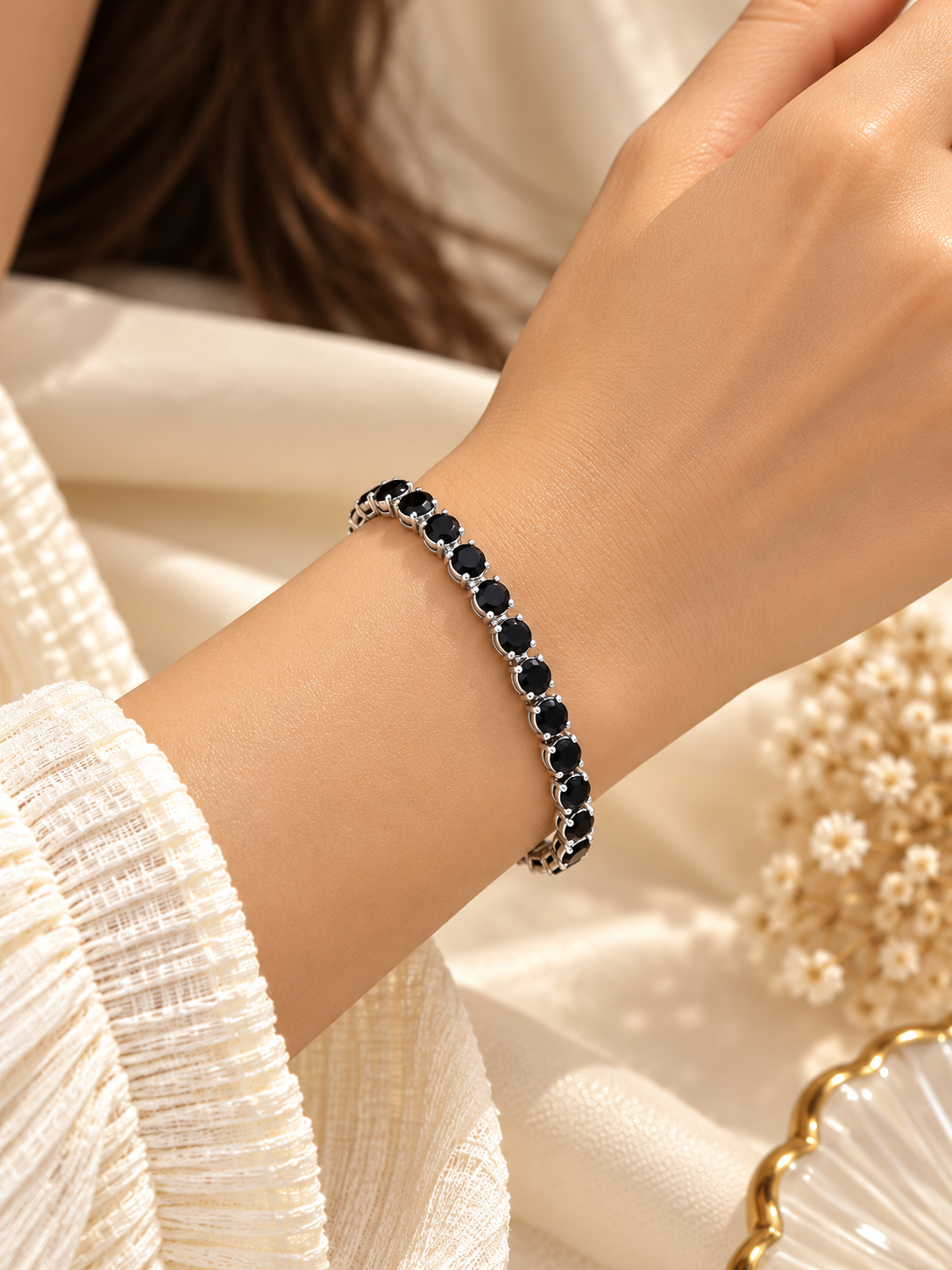 ZEBIA Black Crystal Tennis Bracelet in Silver Tone