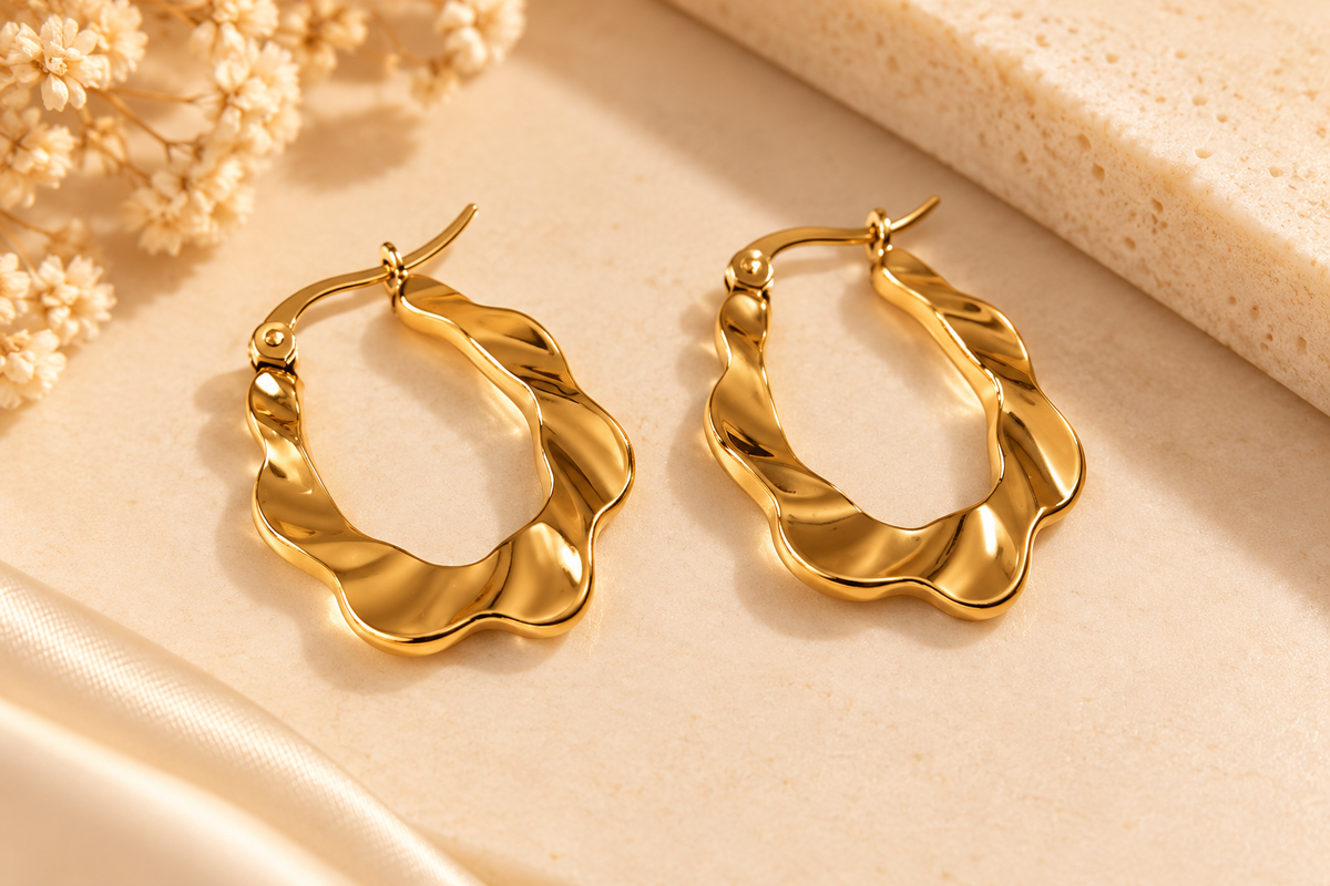 ZEBIA Gold-Plated Anti-Tarnish Stainless Steel Wavy Hoop Earrings for Women