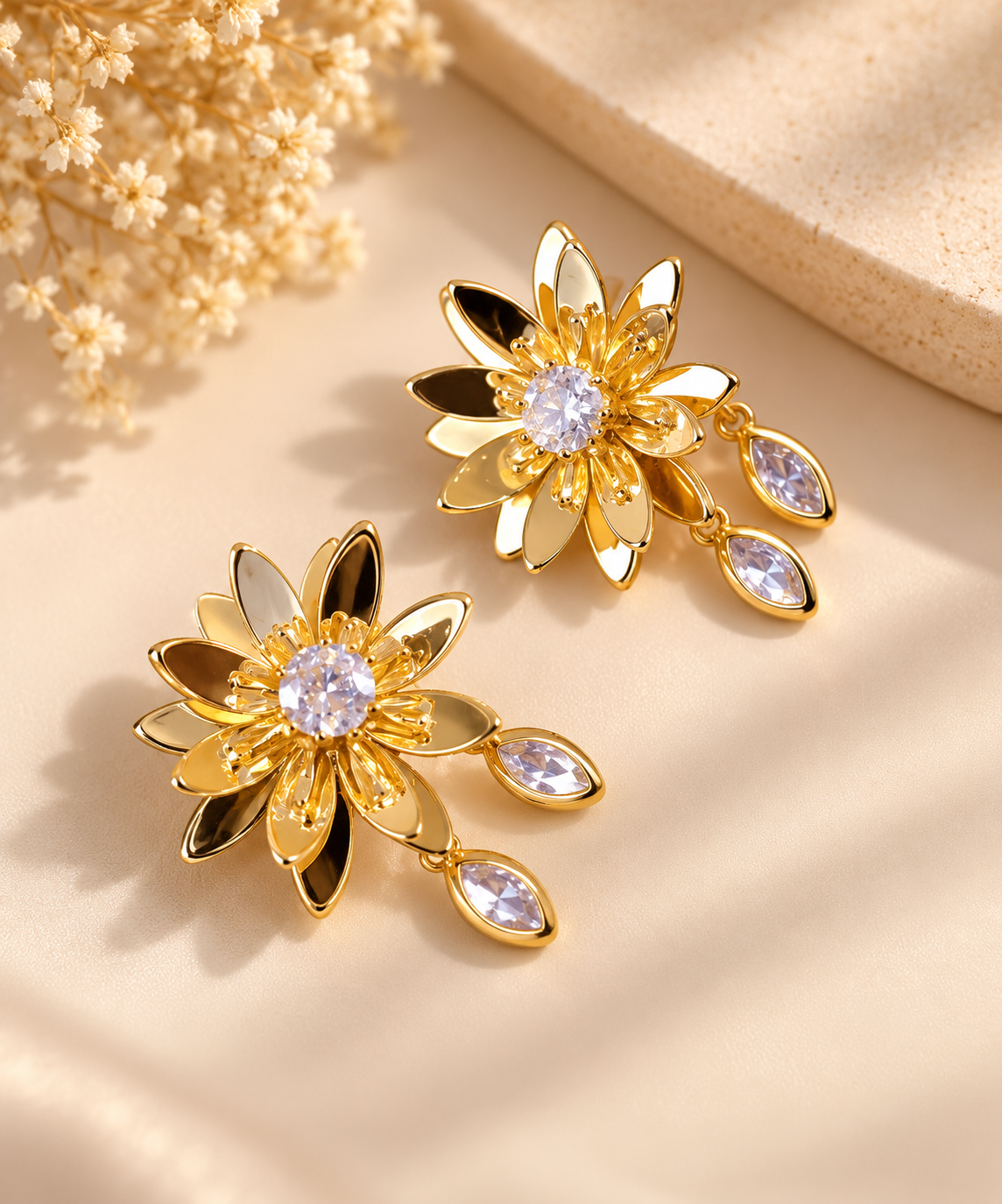ZEBIA Gold-Plated Anti-Tarnish Floral Drop Earrings for Women | Crystal Flower Statement Earrings