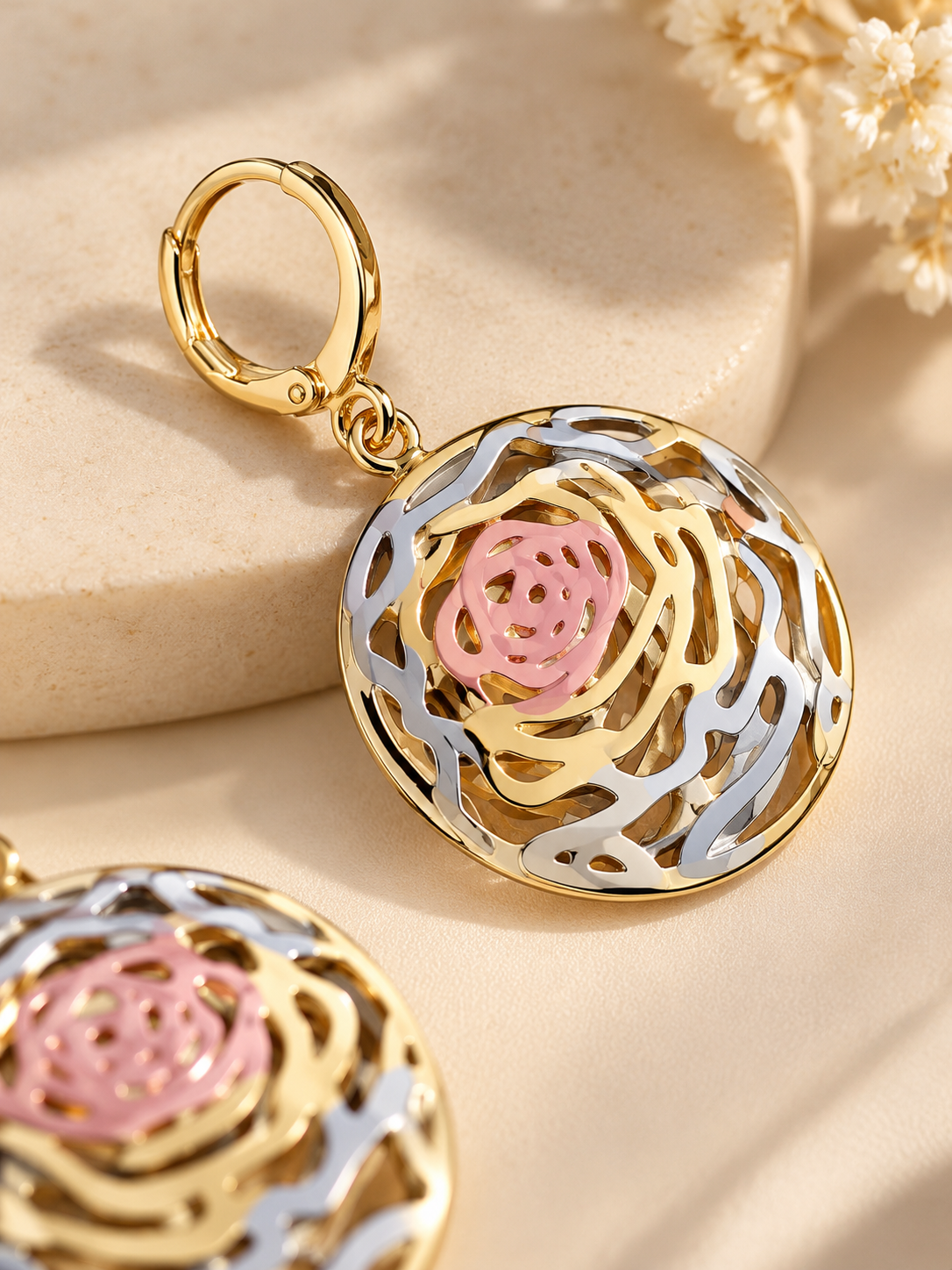 ZEBIA 3-Tone Gold-Plated Anti-Tarnish Stainless Steel Rose Flower Drop Earrings for Women