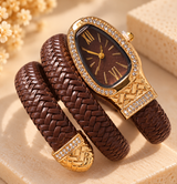 ZEBIA Brown Braided Strap Watch for Women – Gold-Tone Crystal-Embellished Fashion Watch