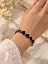 ZEBIA Silver-Tone Black Clover Cuff Bracelet – Stainless Steel Statement Bangle