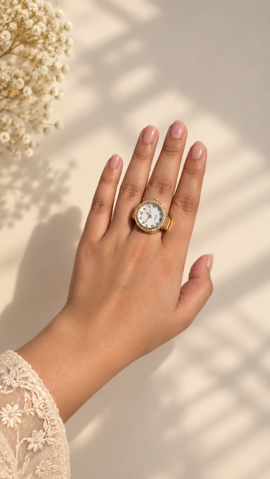 ZEBIA Gold-Tone Ring Watch for Women | White Dial with Crystal-Style Bezel | Elegant Statement Finger Watch