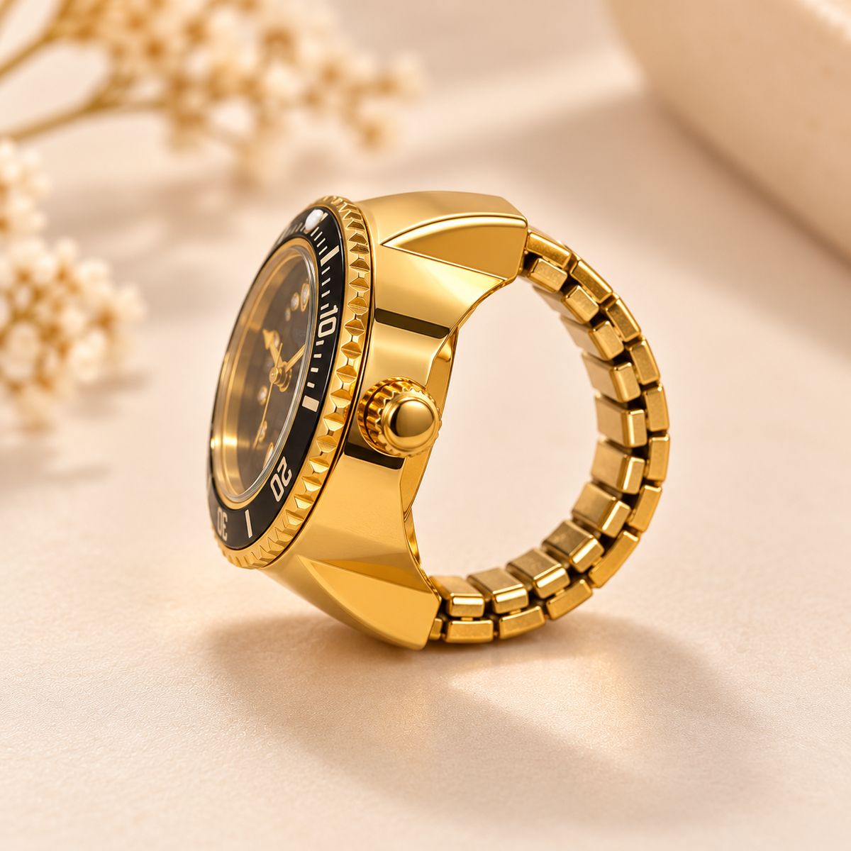 ZEBIA Gold-Tone Ring Watch for Women | Black Dial Statement Finger Watch | Stylish Fashion Accessory