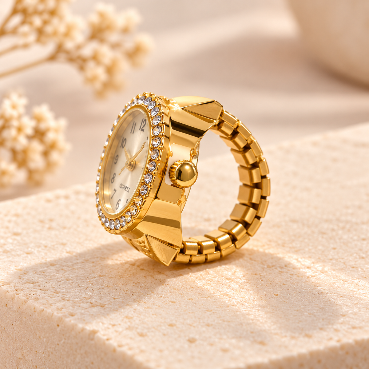 ZEBIA Gold-Tone Ring Watch for Women | White Dial with Crystal-Style Bezel | Elegant Statement Finger Watch