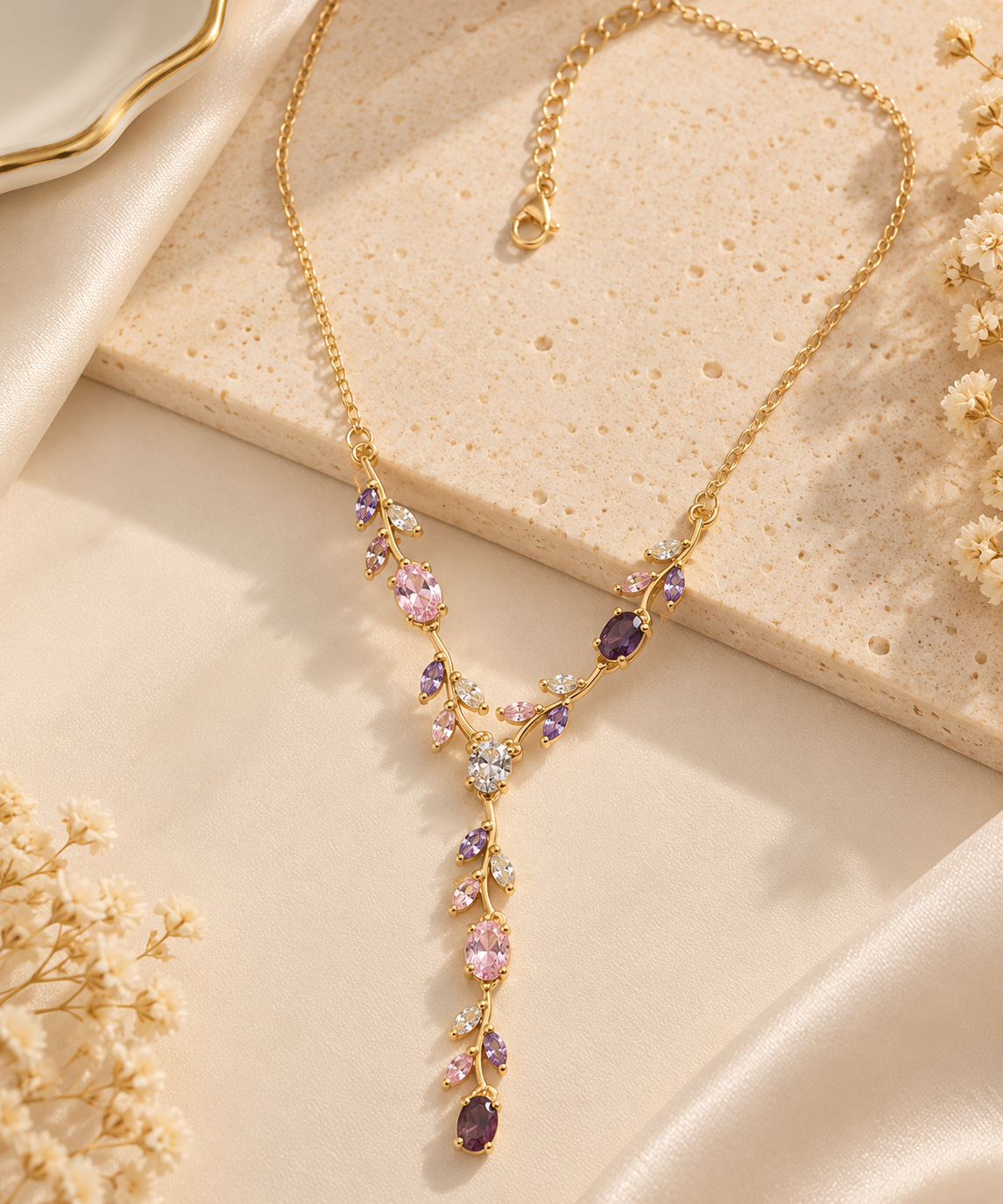 ZEBIA Multicolour Crystal Tulip Necklace – Gold-Tone Floral Statement Neckpiece