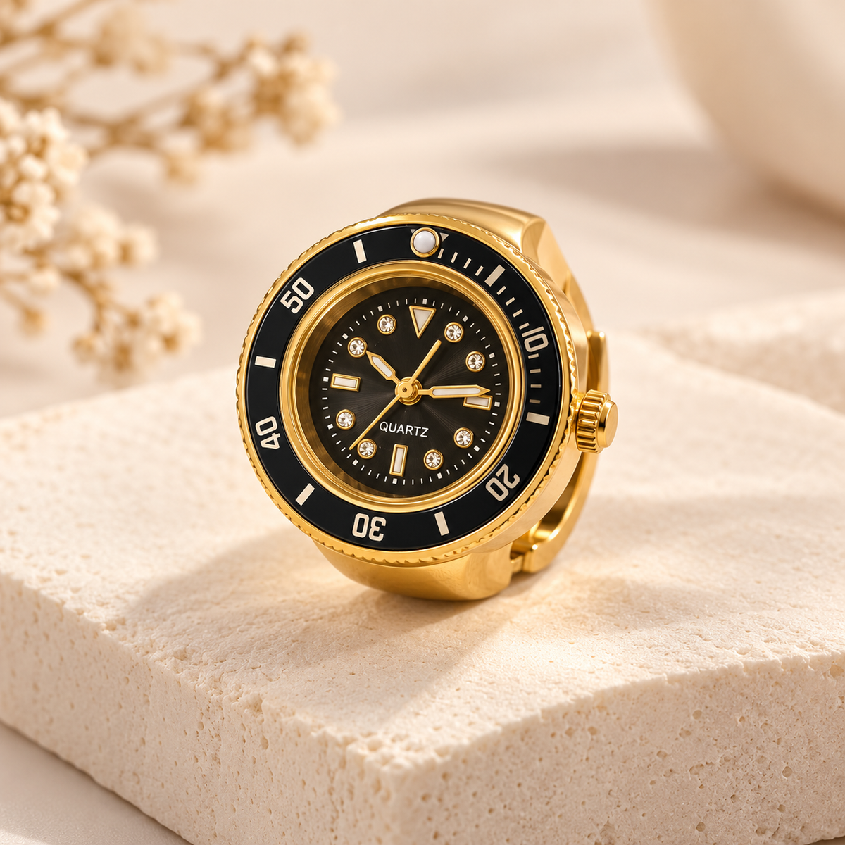 ZEBIA Gold-Tone Ring Watch for Women | Black Dial Statement Finger Watch | Stylish Fashion Accessory