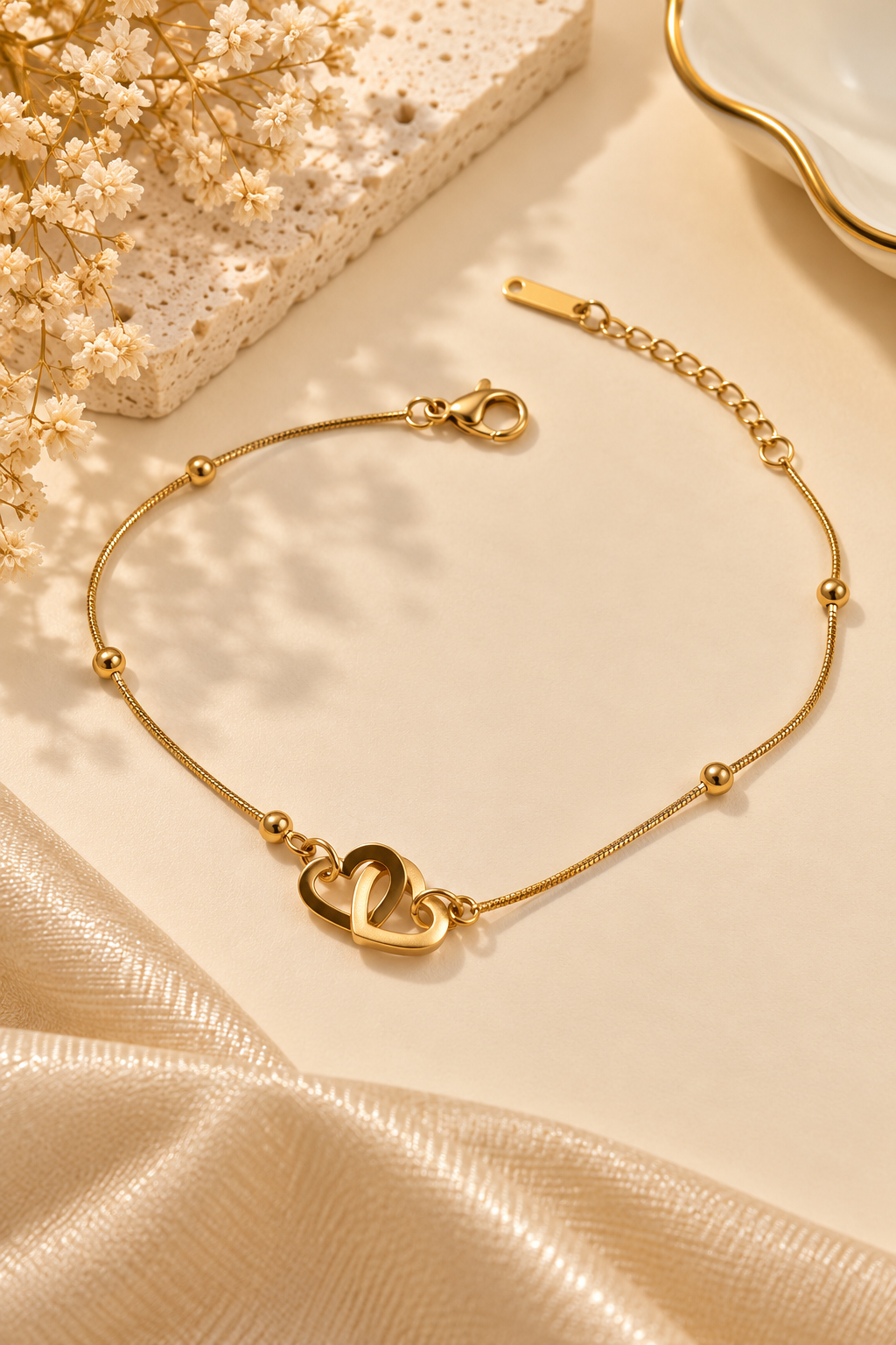 ZEBIA Gold-Plated Double Heart Anklet for Women – Anti-Tarnish Stainless Steel Jewellery