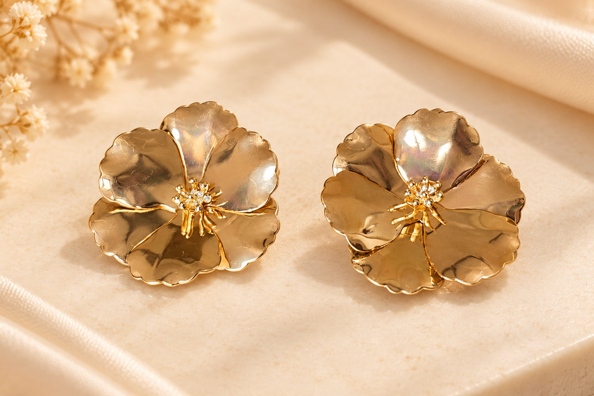 ZEBIA Gold-Plated Anti-Tarnish Stainless Steel Floral Statement Earrings for Women
