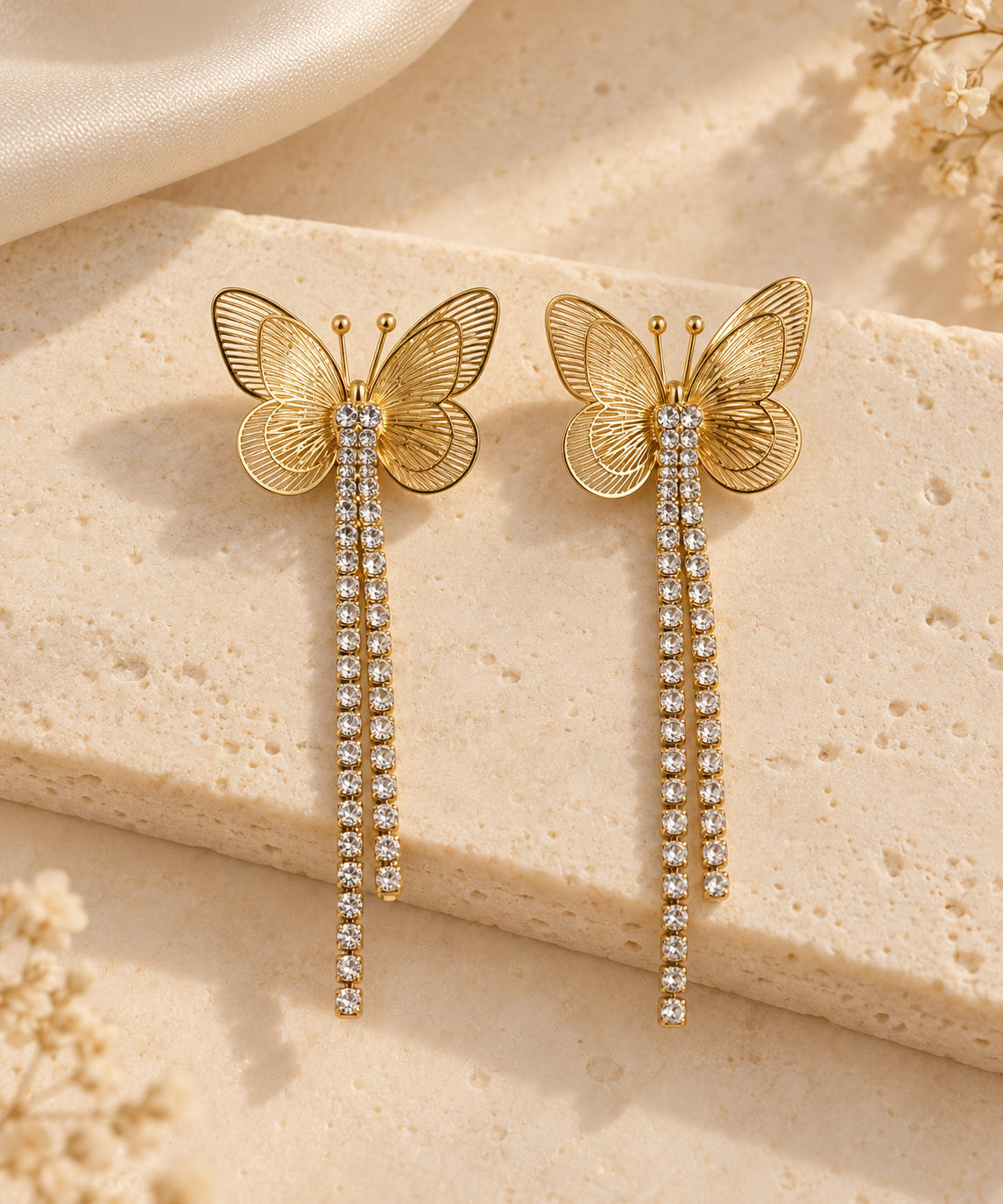 ZEBIA Gold-Plated Butterfly Drop Earrings with Crystal Rhinestone Tassels
