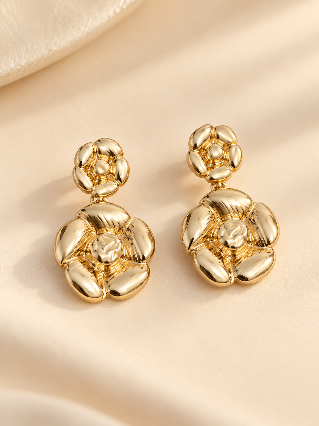 ZEBIA Gold-Plated Anti-Tarnish Floral Statement Drop Earrings for Women | Sculpted Gold Flower Earrings