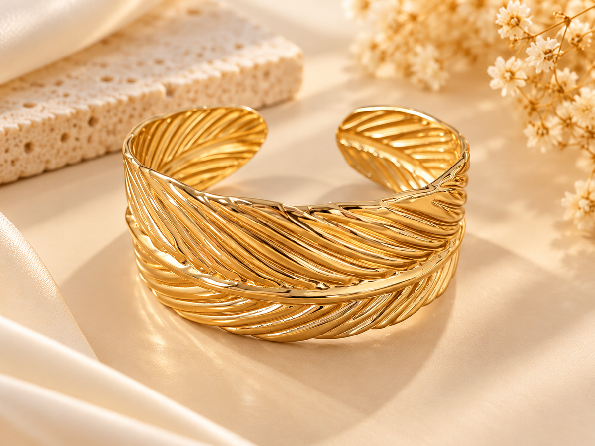 ZEBIA Gold-Plated Textured Statement Cuff Bracelet for Women