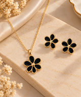 ZEBIA Black Flower Pendant Necklace and Earring Set – Gold-Tone Floral Jewellery Set