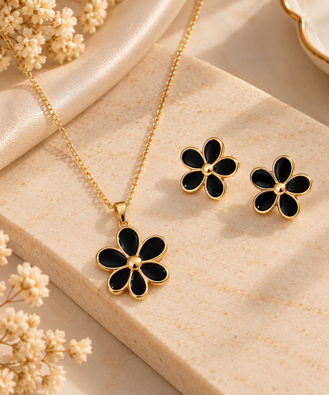 ZEBIA Black Flower Pendant Necklace and Earring Set – Gold-Tone Floral Jewellery Set