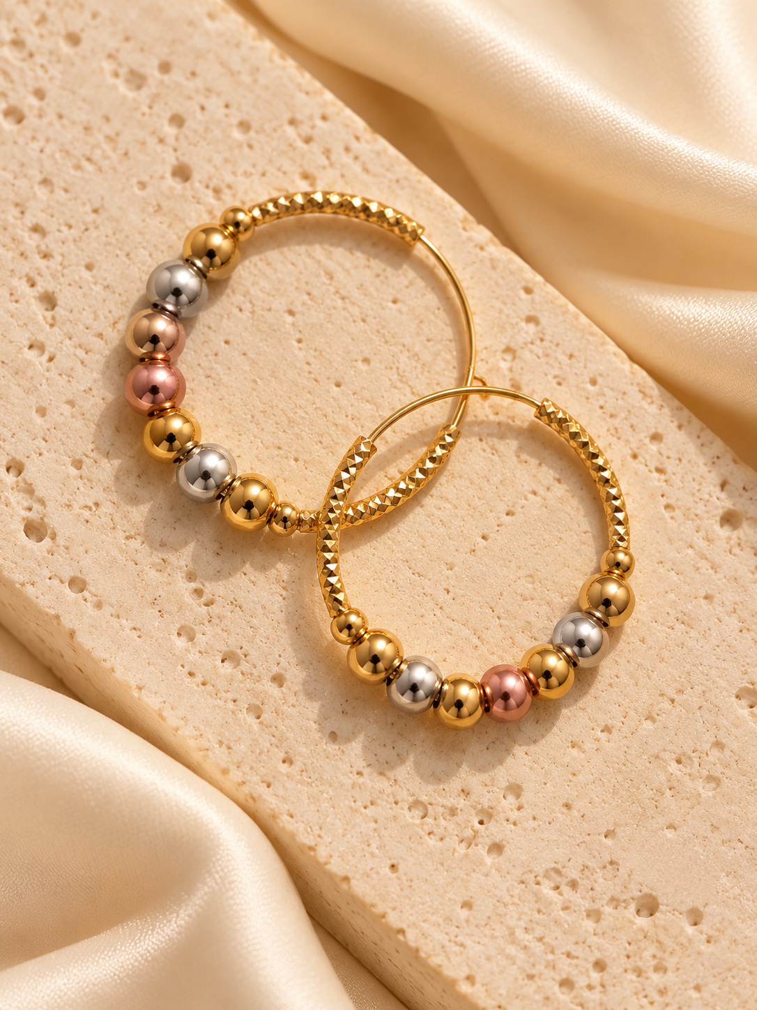 ZEBIA 3-Tone Gold-Plated Anti-Tarnish Stainless Steel Beaded Hoop Earrings for Women
