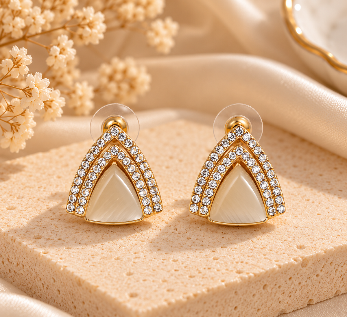 ZEBIA Gold-Tone Crystal Arch Earrings with Cream Triangle Stone