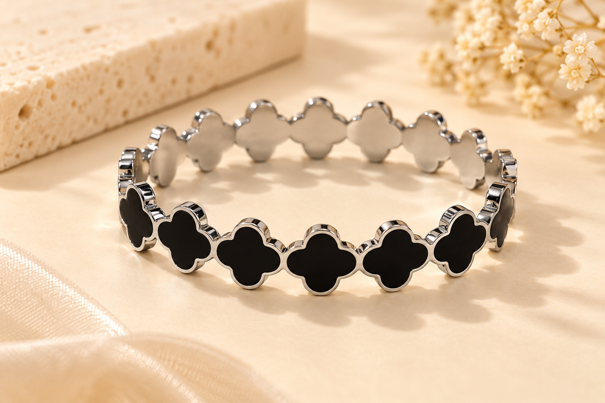 ZEBIA Silver-Tone Black Clover Cuff Bracelet – Stainless Steel Statement Bangle
