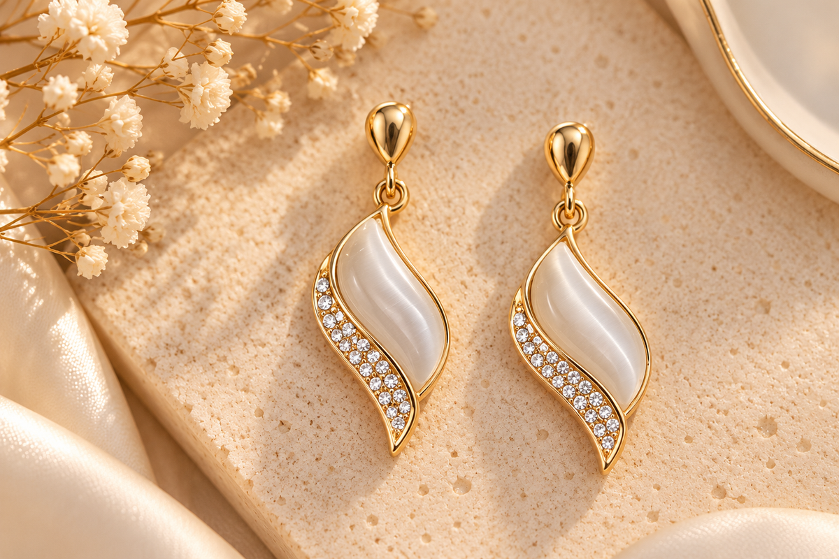 ZEBIA Gold-Tone Ivory Cat Eye Stone Crystal Drop Earrings