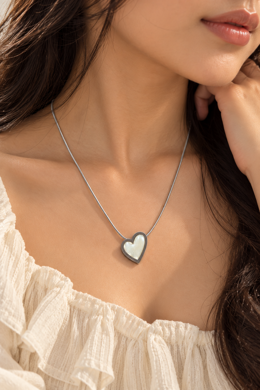 ZEBIA Silver-Tone Heart Pendant Necklace | Stainless Steel White Heart Jewellery