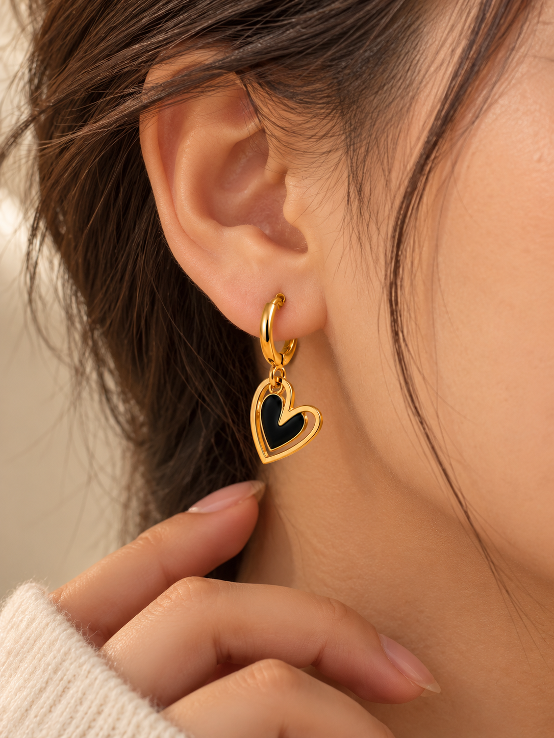 ZEBIA Gold-Plated Anti-Tarnish Stainless Steel Black Heart Drop Earrings for Women