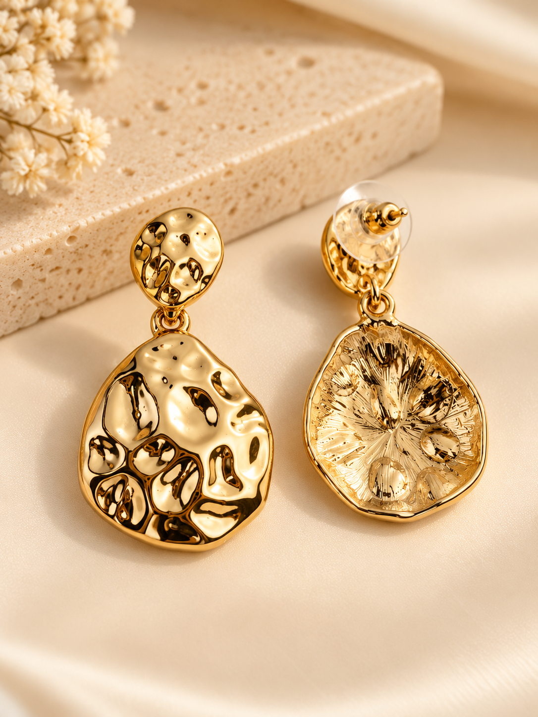 ZEBIA Gold-Plated Stainless Steel Anti-Tarnish Statement Drop Earrings for Women | Hammered Gold Earrings