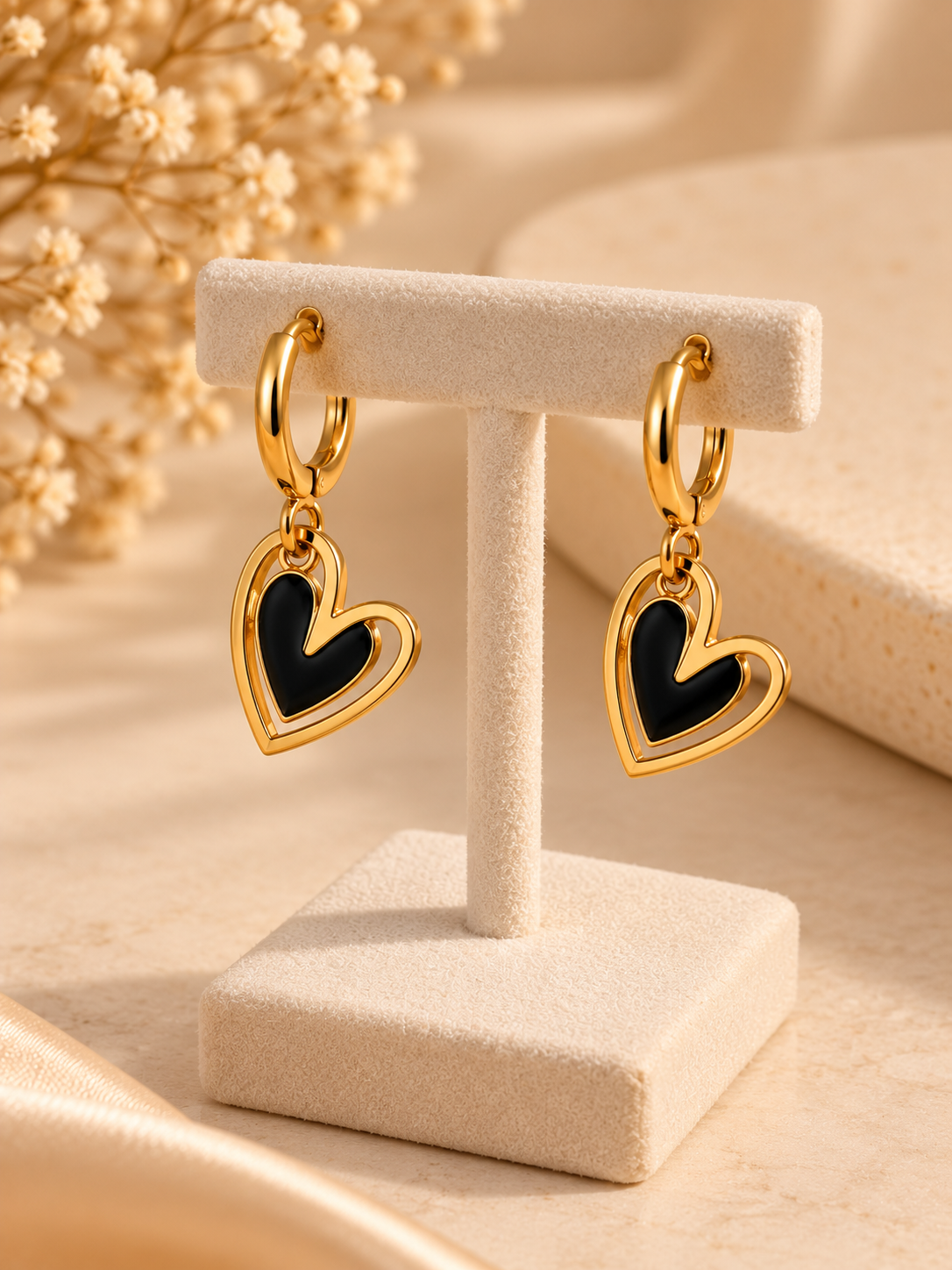 ZEBIA Gold-Plated Anti-Tarnish Stainless Steel Black Heart Drop Earrings for Women