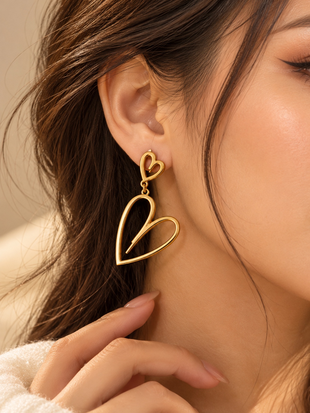 ZEBIA Gold-Plated Anti-Tarnish Stainless Steel Double Heart Drop Earrings for Women